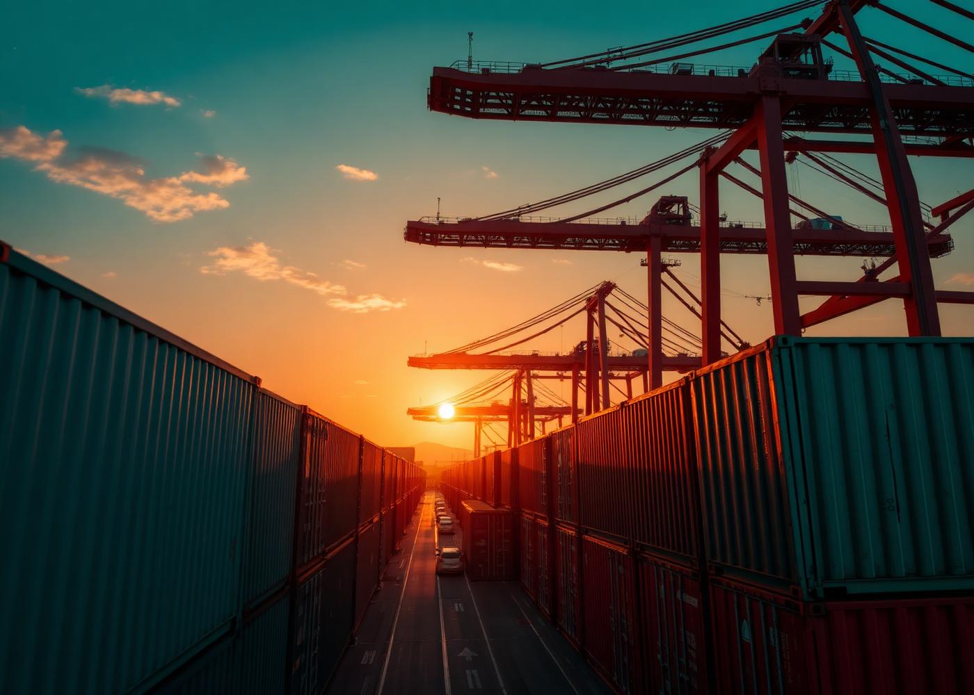 Shipping containers at an Indian port at sunset