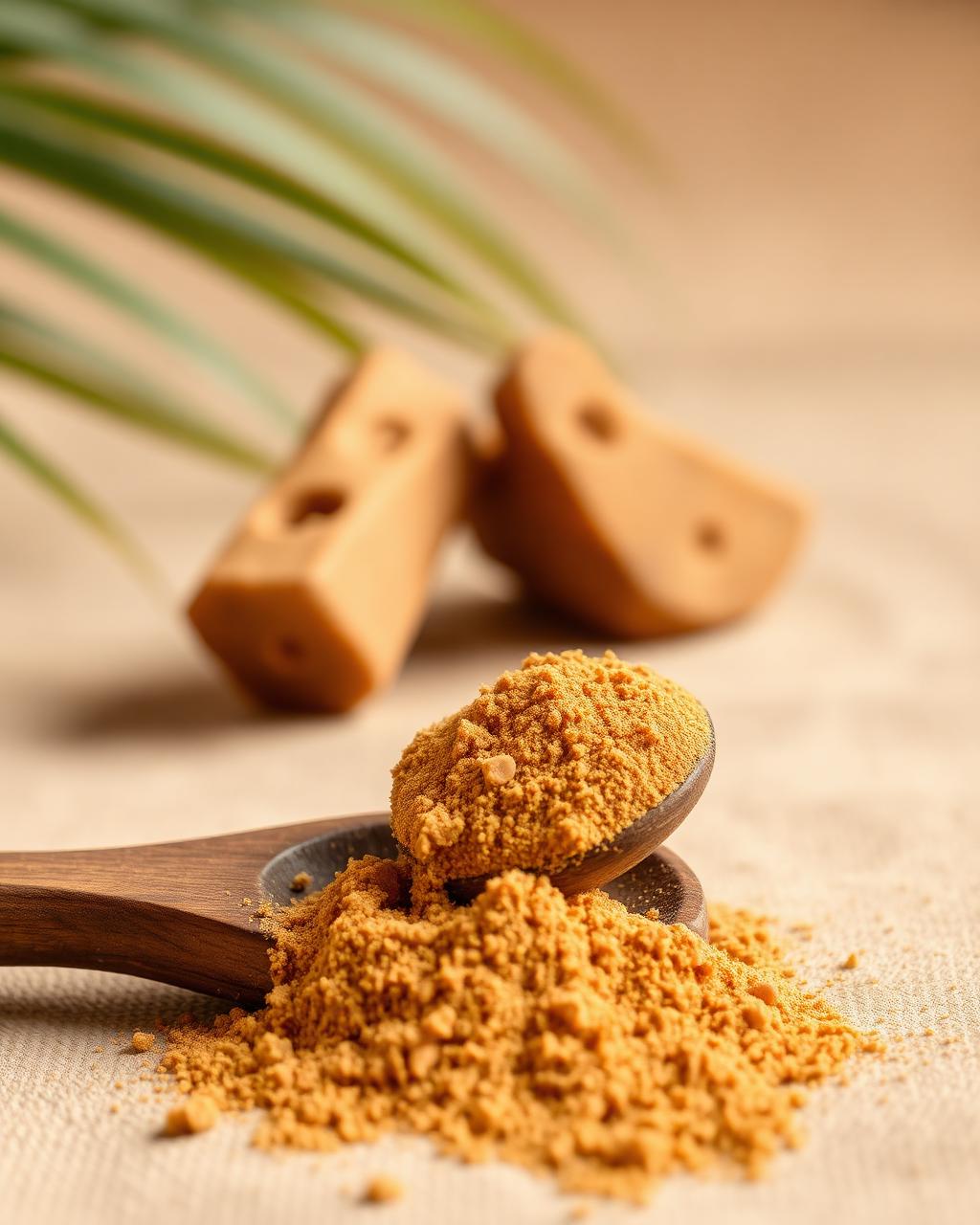 Fine golden jaggery powder on a wooden spoon with jaggery blocks in the background